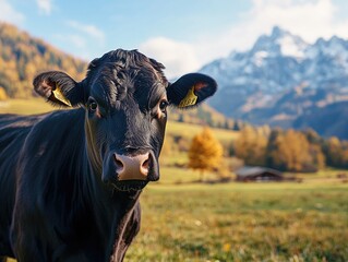 Black cow in green meadow