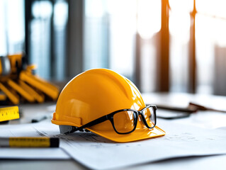 A yellow hard hat with glasses resting on construction plans, symbolizing safety and planning in building projects.