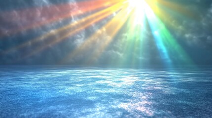 Fototapeta premium Vibrant rays of light pierce the cloudy skies, casting a prism of colors on the calm sea, creating an overlay of flare and refraction on the water. 