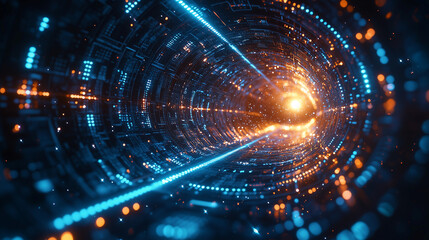 Obraz premium Blue shiny technology background, creative, digital tunnel effect. Innovation and technology. Cyberspace, interface and future.