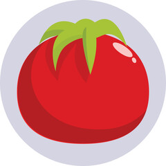 Simple illustration of a red tomato with green leaves, isolated on a gray circle
