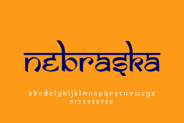 USA state Nebraska text design. Indian style Latin font design, Devanagari inspired alphabet, letters and numbers, illustration.