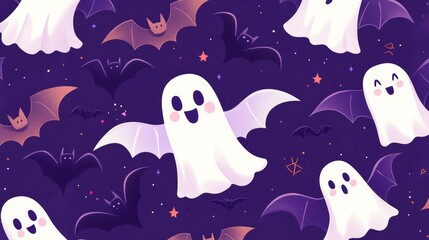 Cute ghosts flying with bats on purple halloween background