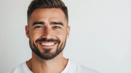 Obraz premium closeup portrait charismatic man with perfectly groomed beard and stylish haircut flashes a dazzling smile soft lighting enhances his strong jawline against a clean white backdrop