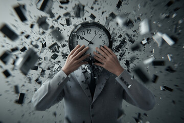 A business professional grapples with anxiety as time shatters around them, illustrating the pressure of looming deadlines and stress