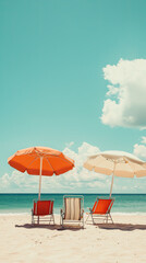Fototapeta premium Relaxing beach scene with retro umbrellas and chairs under bright sky