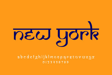USA state New York text design. Indian style Latin font design, Devanagari inspired alphabet, letters and numbers, illustration.