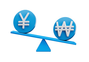 3d White Yen And Won Symbol On Rounded Blue Icons With 3d Balance Weight Seesaw, 3d illustration
