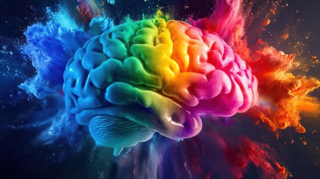 cognitive explosion artwork vibrant rainbow colors bursting from human brain silhouette swirling thoughts abstract mind map