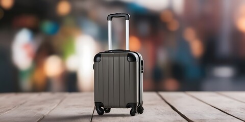 Modern Traveler’s Luggage on Reflective Surface with Warm Bokeh Airport Lights Background