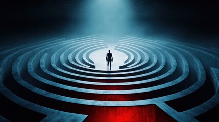 A figure navigating a labyrinth of winding corridors, each corner revealing a different, terrifying nightmare, their sense of direction dissolving.