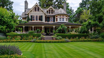 Beautiful Victorian House with Lush Green Lawn and Gardens