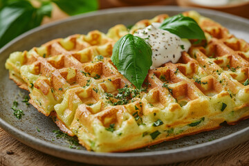 Zucchini waffles garnished with garlic cheese and fresh herbs served on a rustic black plate