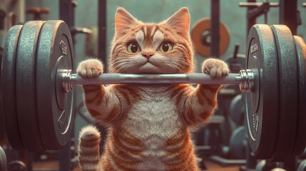 Adorable cute cat lifting barbell in fitness room