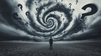 Storm of Choices: A person standing in the middle of a storm made of swirling question marks and decision points