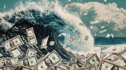 Stormy Waves of Debt: A vast ocean of liquid money flowing violently, with massive waves crashing onto crumbling financial structures like banks and markets