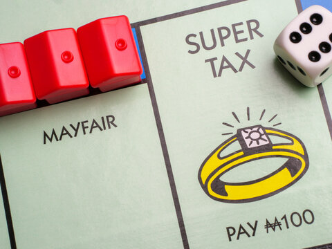 Close up of expensive property and wealthy higher rate Super Tax square on a UK Monopoly board game