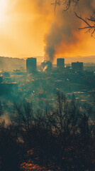 A city skyline with smoke and ash after wildfire creates dramatic scene