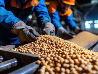 Workers handle soybean pellets in a processing facility, showcasing precision and teamwork in agricultural production.