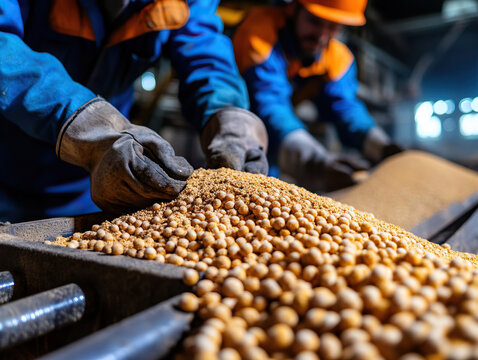 Workers handle soybean pellets in a processing facility, showcasing precision and teamwork in agricultural production.
