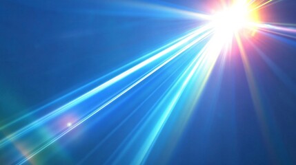 Intense beams of light shine against a deep blue sky. The rays create a prism-like effect, with colorful flares and overlays spreading across the scene. The light bends in a natural refraction.