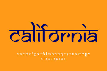 Obraz premium USA state California text design. Indian style Latin font design, Devanagari inspired alphabet, letters and numbers, illustration.