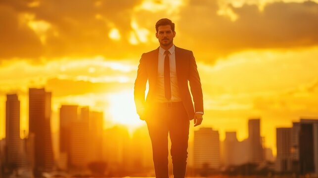 confident businessman in sharp suit strides purposefully urban skyline backdrop dynamic pose warm golden hour lighting professional aura