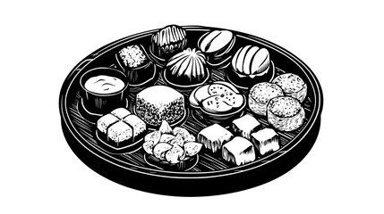 Collection of traditional Asian sweets placed on a circular wooden dish, vector illustration art