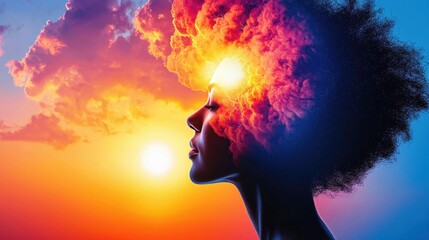Sunrise in the Mind: The silhouette of a person with a radiant sunrise inside their head, with the light pushing back shadows and negative thoughts