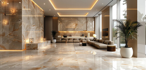 A luxurious and modern living room interior featuring a marble wall, elegant lighting, and plush seating.