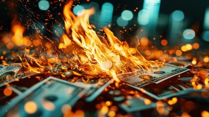 Surging Flames of Inflation: A burning pile of money and economic symbols (charts, coins, bills) that slowly turn into rising flames