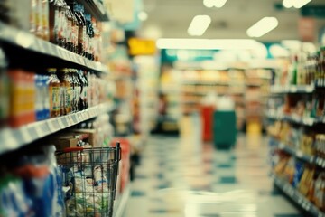 Obraz premium Supermarket aisle with blurred shelves and cart