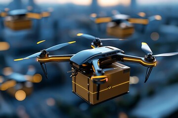 A fleet of drones autonomously delivering packages across a city, reducing traffic and increasing delivery efficiency, delivery drones, urban logistics efficiency