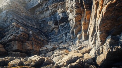 A Rugged Coastal Cliff Face with Layers of Exposed Rock