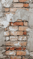 Damaged wall with exposed bricks and peeling paint creates rustic feel