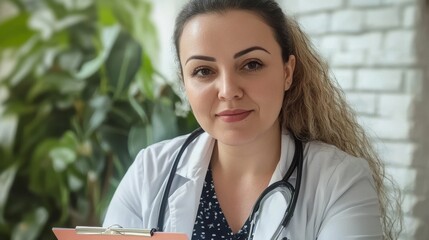 Happy professional middle eastern female psychologist writing in clipboard, looking and smiling at camera, working in modern office. Psychotherapy services, mental health professional concept