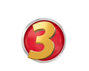 Gold Number 3 Gold Number Three, Rounded Red Icon, 3d illustration
