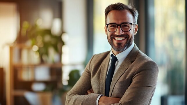 Banker smiling, middle aged business man with glasses wearing suit and tie smiling cheerfully while looking at camera inside office