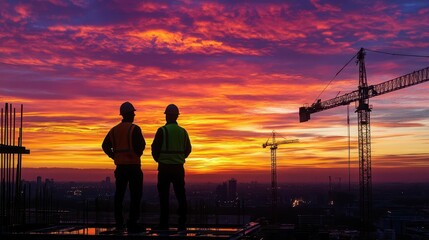 construction site vista silhouetted figures of project engineer and foreman surveying progress dramatic sunset sky industrial equipment in background