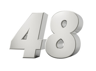 Silver 3d numbers 48 Forty eight. Isolated white background 3d illustration
