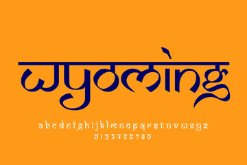 USA state Wyoming text design. Indian style Latin font design, Devanagari inspired alphabet, letters and numbers, illustration.