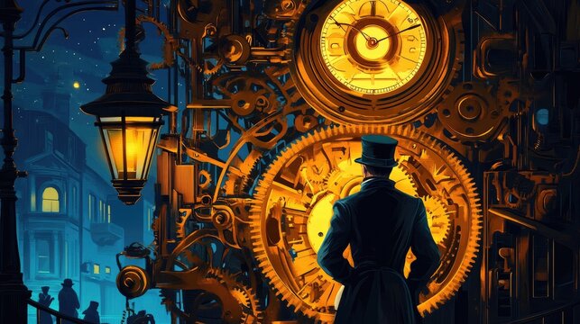 A man in a top hat stands before a giant clockwork mechanism, with a cityscape in the background.