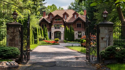 Obraz premium Luxury Home with Gated Entrance and Lush Green Landscaping