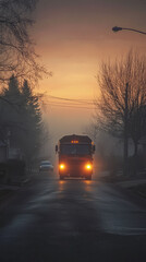 A garbage truck navigating quiet, foggy suburban street at dawn