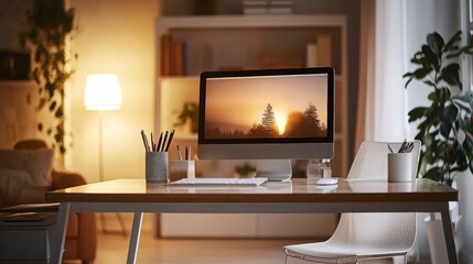 Computer Desk With Sunset Screen