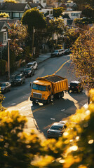 Obraz premium A garbage truck navigating tight corner in busy residential area
