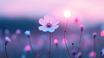 A single, delicate flower blooms in the center of a field of pastel colored wildflowers, its petals glowing with an ethereal light.
