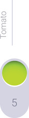 Simple icon showing a five stage ripeness scale for tomatoes, at stage five, fully ripe