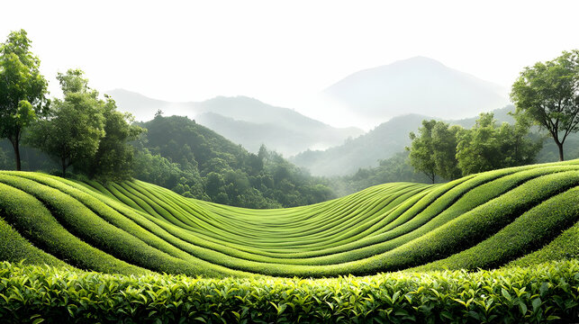 Lush green tea fields with rolling hills and distant mountains under a soft sky.