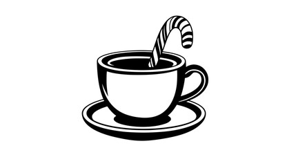 Single candy cane beside a cup of hot cocoa on a small saucer, vector illustration art